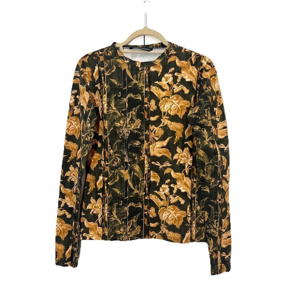 Gary‎ Graham 422 Top Womens M Floral Rustic Forest Butterflies Long Sleeve Green